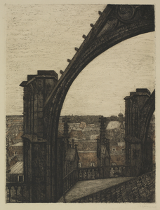 28919 Gezicht op twee luchtboogstoelen en een luchtboog van het koor van de Domkerk te Utrecht uit het westen, met op ...